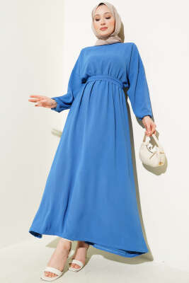 Bel Lastikli Kuşaklı Ayrobin Elbise İndigo - Elbise