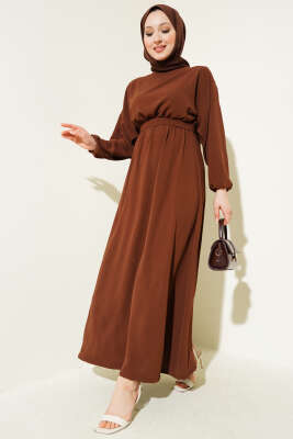 Bel Lastikli Kuşaklı Ayrobin Elbise Kahve 