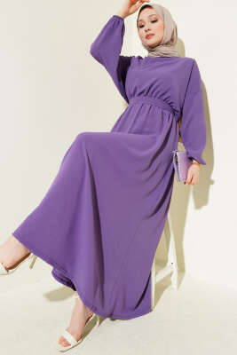 Bel Lastikli Kuşaklı Ayrobin Elbise Mor 