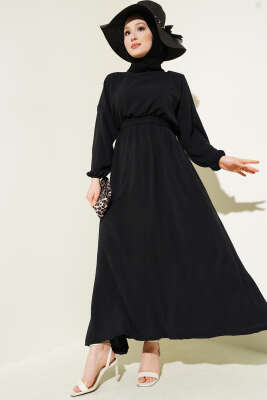Bel Lastikli Kuşaklı Ayrobin Elbise Siyah 