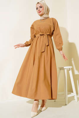 Bel Lastikli Kuşaklı Basic Terikoton Elbise Camel 