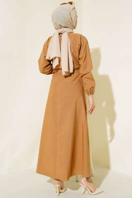 Bel Lastikli Kuşaklı Basic Terikoton Elbise Camel - Elbise