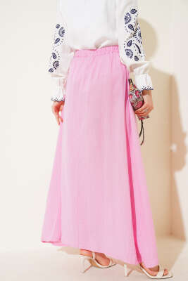Bel Lastikli Müslin Etek Pembe - Uzun Etek