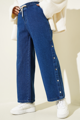 Bel Lastikli Yanları Çıtçıtlı Kot Pantolon Orta Mavi - Pantolon