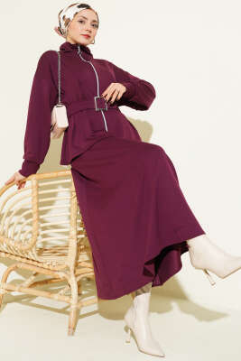 Bel Pensli Kuşaklı Loyşa Etekli İkili Takım Bordo - TEGOE