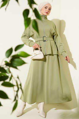 Bel Pensli Kuşaklı Loyşa Etekli İkili Takım Çağla Yeşili - TEGOE