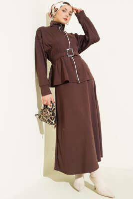 Bel Pensli Kuşaklı Loyşa Etekli İkili Takım Kahve - TEGOE