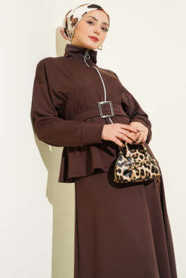 Bel Pensli Kuşaklı Loyşa Etekli İkili Takım Kahve - İkili Takım