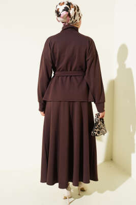 Bel Pensli Kuşaklı Loyşa Etekli İkili Takım Kahve - İkili Takım