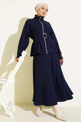 Bel Pensli Kuşaklı Loyşa Etekli İkili Takım Lacivert - TEGOE