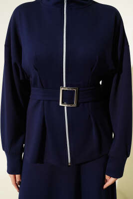 Bel Pensli Kuşaklı Loyşa Etekli İkili Takım Lacivert - İkili Takım