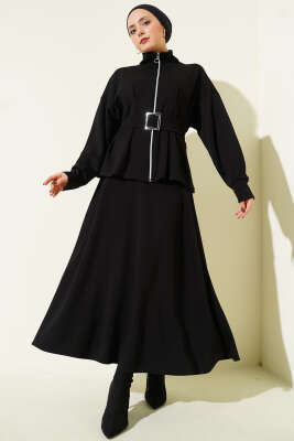 Bel Pensli Kuşaklı Loyşa Etekli İkili Takım Siyah - TEGOE