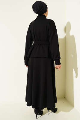 Bel Pensli Kuşaklı Loyşa Etekli İkili Takım Siyah - İkili Takım