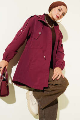 Bel Tünelli Kapüşonlu Trençkot Bordo - Trençkot