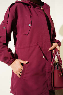 Bel Tünelli Kapüşonlu Trençkot Bordo - Trençkot