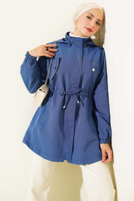 Bel Tünelli Kapüşonlu Trençkot İndigo 