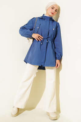 Bel Tünelli Kapüşonlu Trençkot İndigo - Trençkot