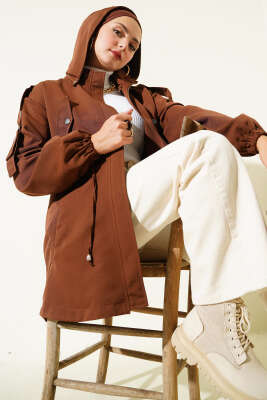 Bel Tünelli Kapüşonlu Trençkot Kahve 