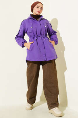 Bel Tünelli Kapüşonlu Trençkot Mor - Trençkot