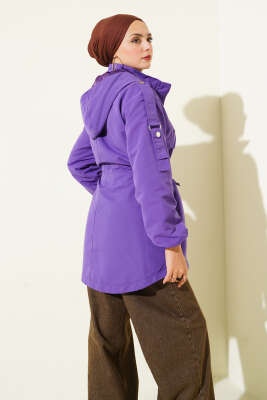 Bel Tünelli Kapüşonlu Trençkot Mor - Trençkot