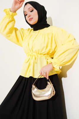Bel Tünelli Pileli Kısa Gömlek Sarı 