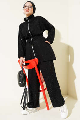 Bel Tünelli Simli Loyşa İkili Takım Siyah - NESSİA