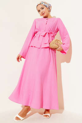 Belden Bağlamalı Etekli İkili Takım Fuşya