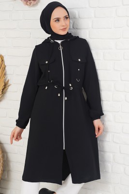 Beli Bağlamalı Fermuarlı Siyah Kap