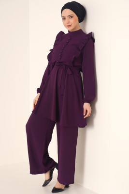 Beli Kuşaklı Düğmeli Mor İkili Takım