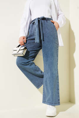 Beli Lastikli Kuşaklı Kot Pantolon Açık Mavi