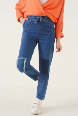 Beli Lastikli Yamalı Kot Pantolon