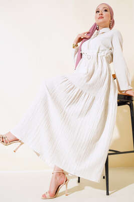 Beli Tünelli Düğmeli Elbise Ekru - Elbise
