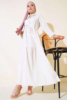 Beli Tünelli Düğmeli Elbise Ekru - Elbise