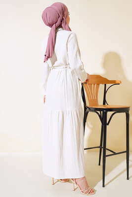 Beli Tünelli Düğmeli Elbise Ekru - Elbise