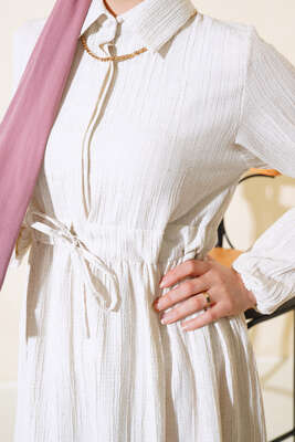 Beli Tünelli Düğmeli Elbise Ekru - Elbise