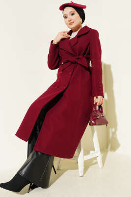Bilek Düğmeli Kuşaklı Kaşe Kaban Bordo