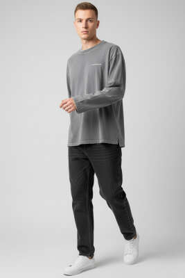 Bisiklet Yaka Baskılı Sweatshirt Gri - Erkek Sweatshirt