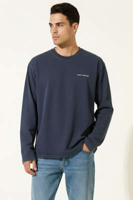 Bisiklet Yaka Baskılı Sweatshirt Lacivert - 2512