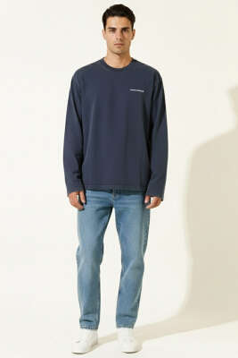 Bisiklet Yaka Baskılı Sweatshirt Lacivert - Erkek Sweatshirt