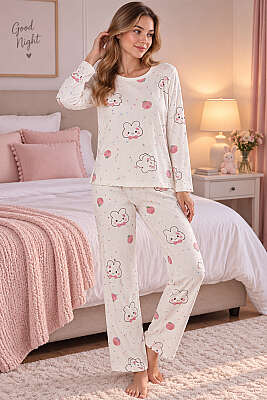 Bisiklet Yaka Desenli Pijama Takımı Asorti 1 