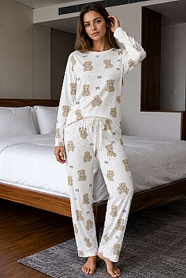 Bisiklet Yaka Desenli Pijama Takımı Asorti 11 