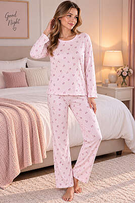 Bisiklet Yaka Desenli Pijama Takımı Asorti 12 - HEPYEK BASIC
