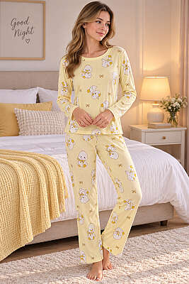 Bisiklet Yaka Desenli Pijama Takımı Asorti 13 