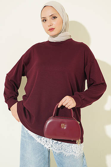 Bisiklet Yaka Etek Ucu Dantelli Tunik Bordo - Tunik