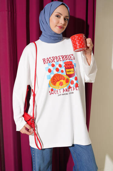 Bisiklet Yaka Raspberries Baskılı Tunik Ekru - Tunik