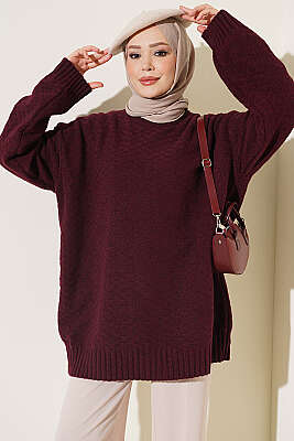 Bisiklet Yaka Ribanalı Triko Tunik Bordo - VANİZA TRİKO