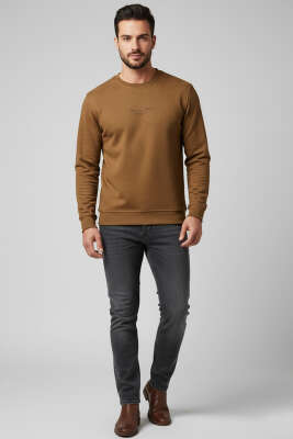 Bisiklet Yaka Süet Erkek Sweatshirt Taba - Erkek Kazak