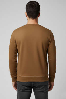 Bisiklet Yaka Süet Erkek Sweatshirt Taba - Erkek Kazak