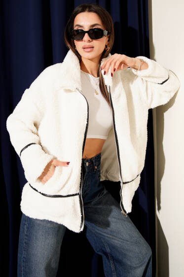 Biye Şeritli Peluş Mont Ekru - Kadın Giyim Modelleri