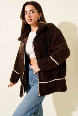 Biye Şeritli Peluş Mont Kahve - TİLLE